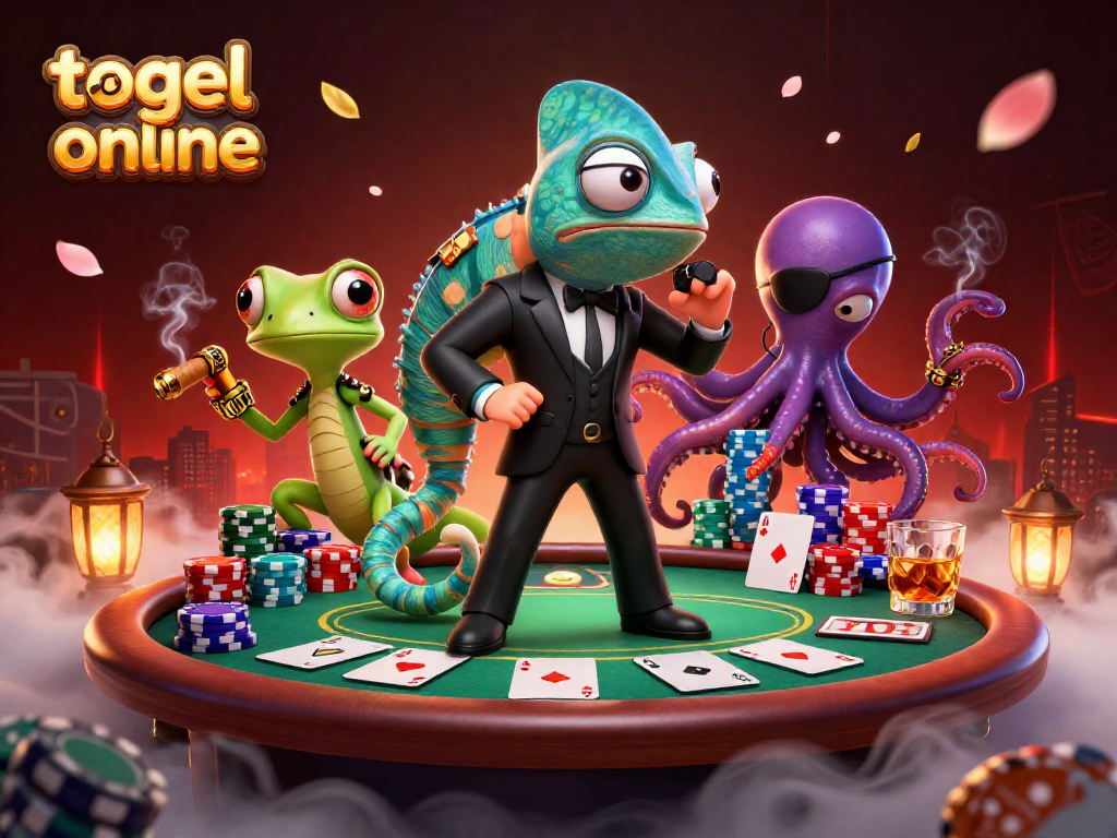 Play exciting togel online with a secret agent chameleon, tech gecko, and an octopus villain at a vibrant poker scene.