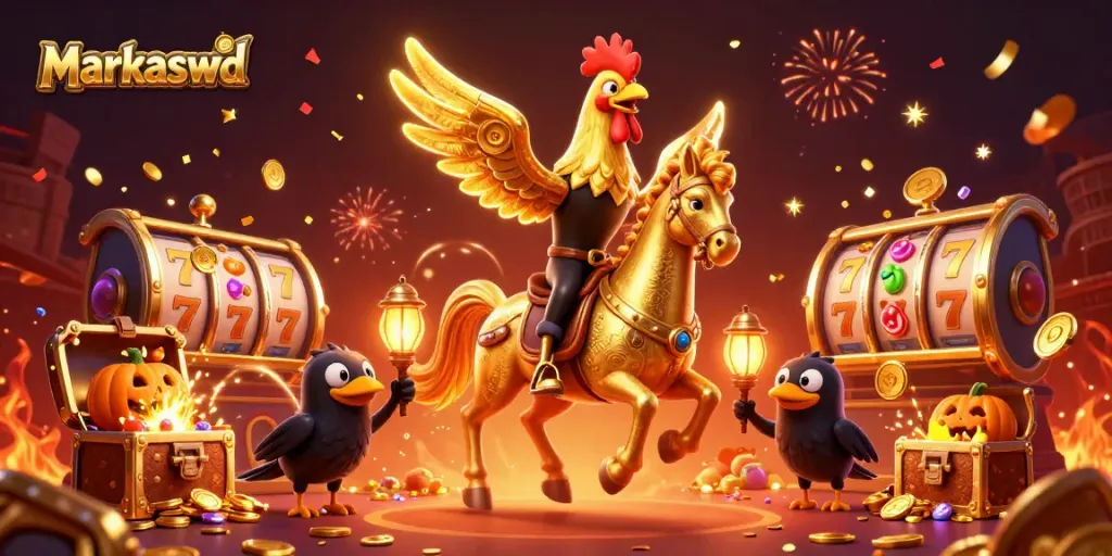 Markaswd showcases a vibrant casino scene with golden rooster characters and stunning game elements.