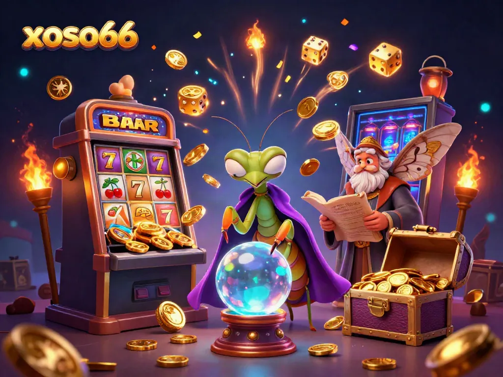 Experience the thrill of xoso66 with a 3D cartoon fortune teller and slot machine jackpot scene, full of colorful energy.
