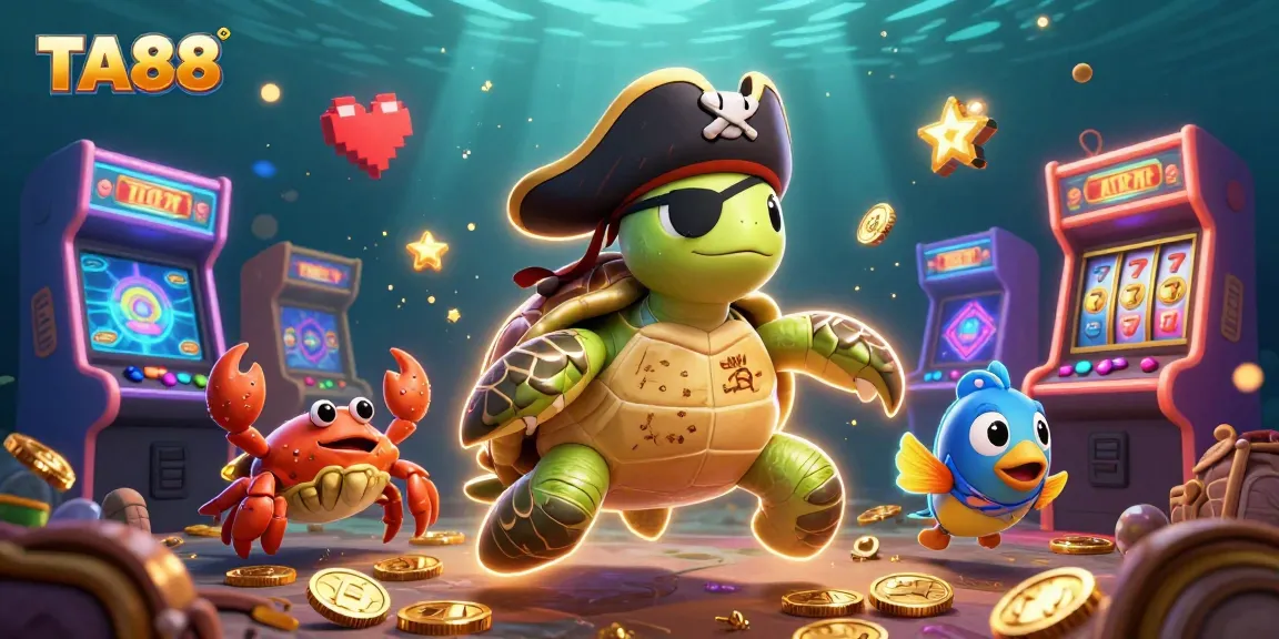 Join the adventure with TA88 as the pirate turtle celebrates online casino wins with vibrant game elements.