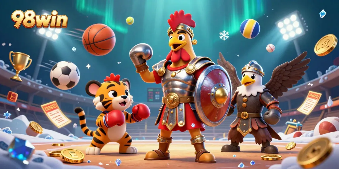 Bet on 98win and win big with this vibrant 3D casino illustration featuring sports balls and dynamic elements.