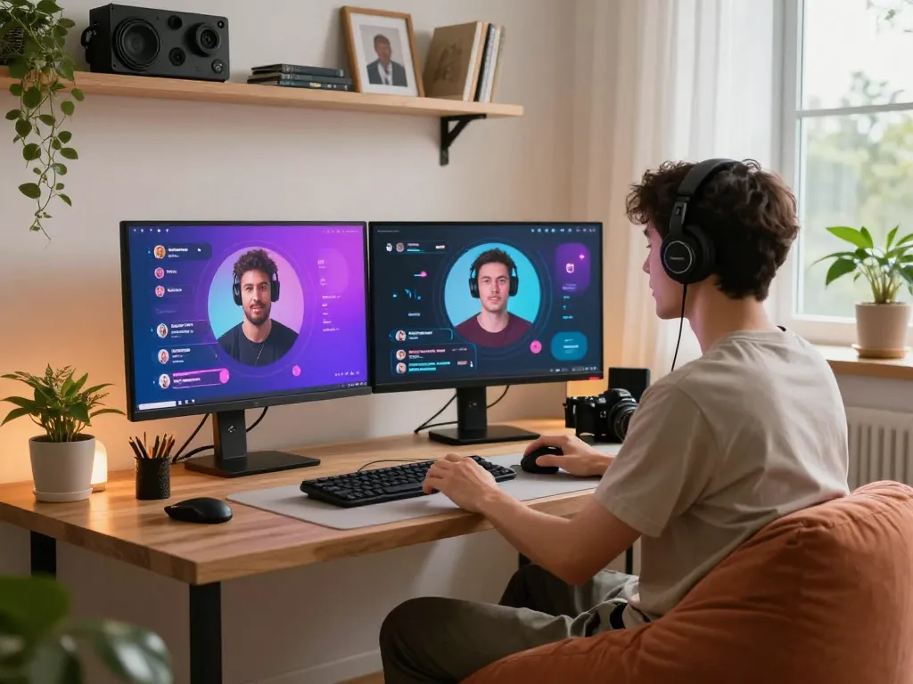 Personalized sex chat AI interaction in a cozy home office setting with modern tech elements.