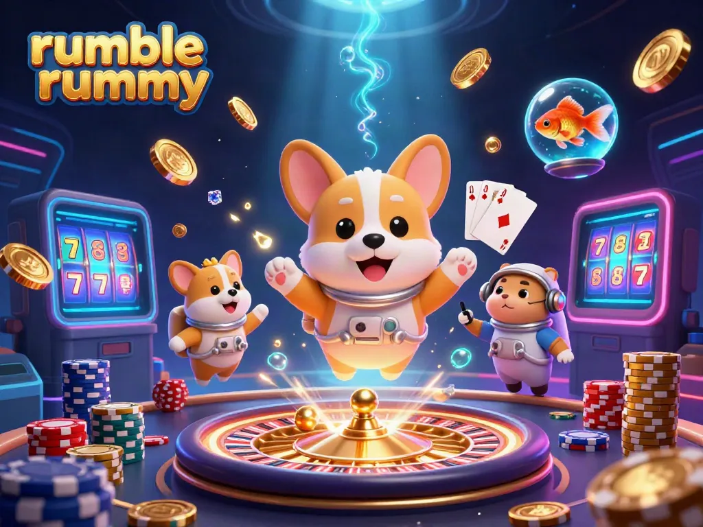 Experience exciting gameplay with Rumble Rummy as cartoon characters navigate a space casino.