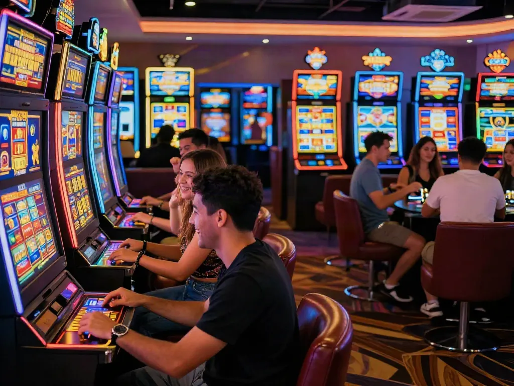 Akunjp players enjoying vibrant gaming lounge atmosphere, celebrating slot wins.