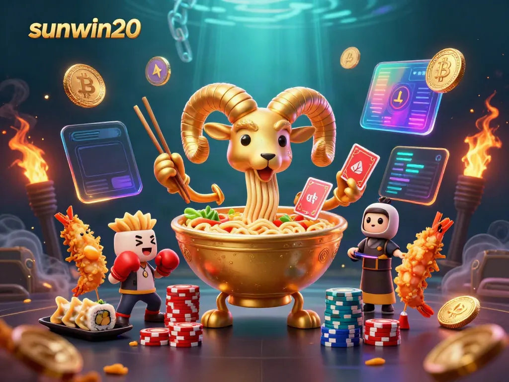 Engaging scene showcasing sunwin20 with a giant ramen bowl dealer surrounded by Bitcoin and Ethereum elements.