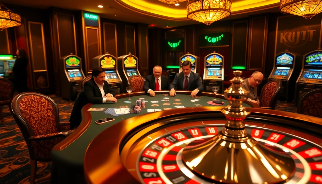 KJC casino featuring an elegant poker table and spinning roulette wheel, showcasing high-stakes excitement.