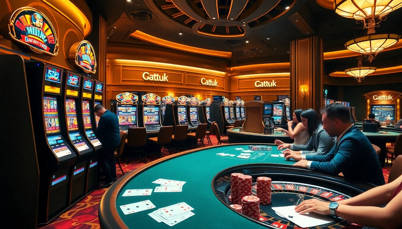 Para pemain merayakan kemenangan Datuk Win di kasino glamor, dikelilingi mesin slot berwarna-warni dan meja poker.