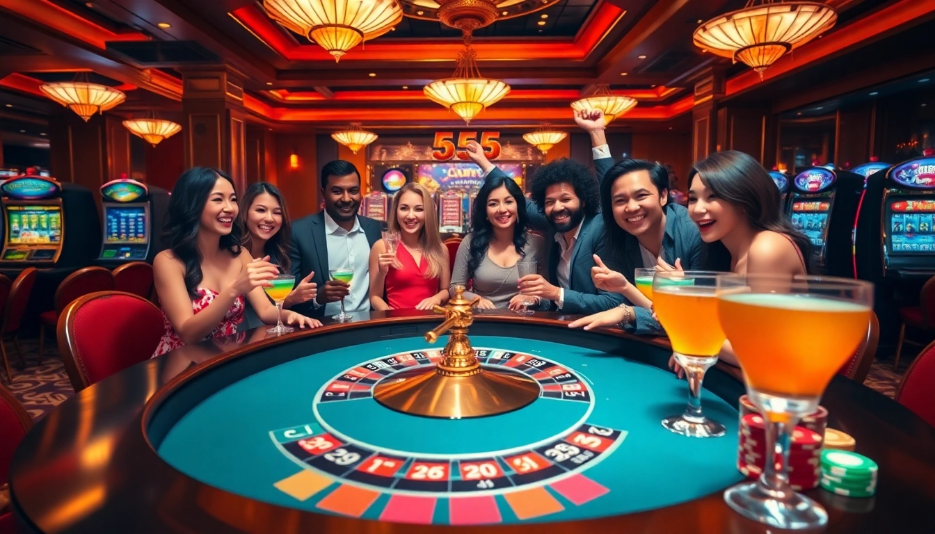 A group celebrating a thrilling 555 win at a luxurious roulette table with poker chips and slot machines.