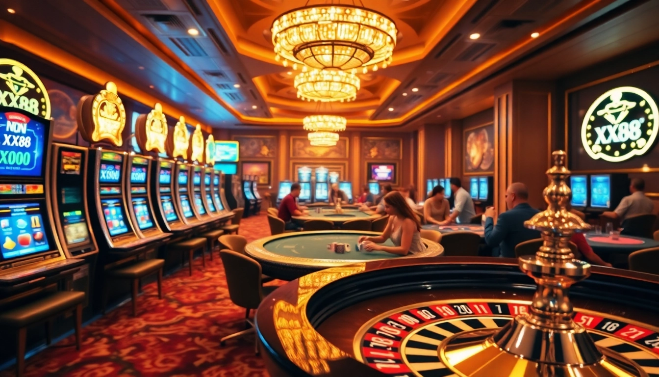 Players celebrating wins and strategizing bets in a glamorous casino scene with XX88 elements.