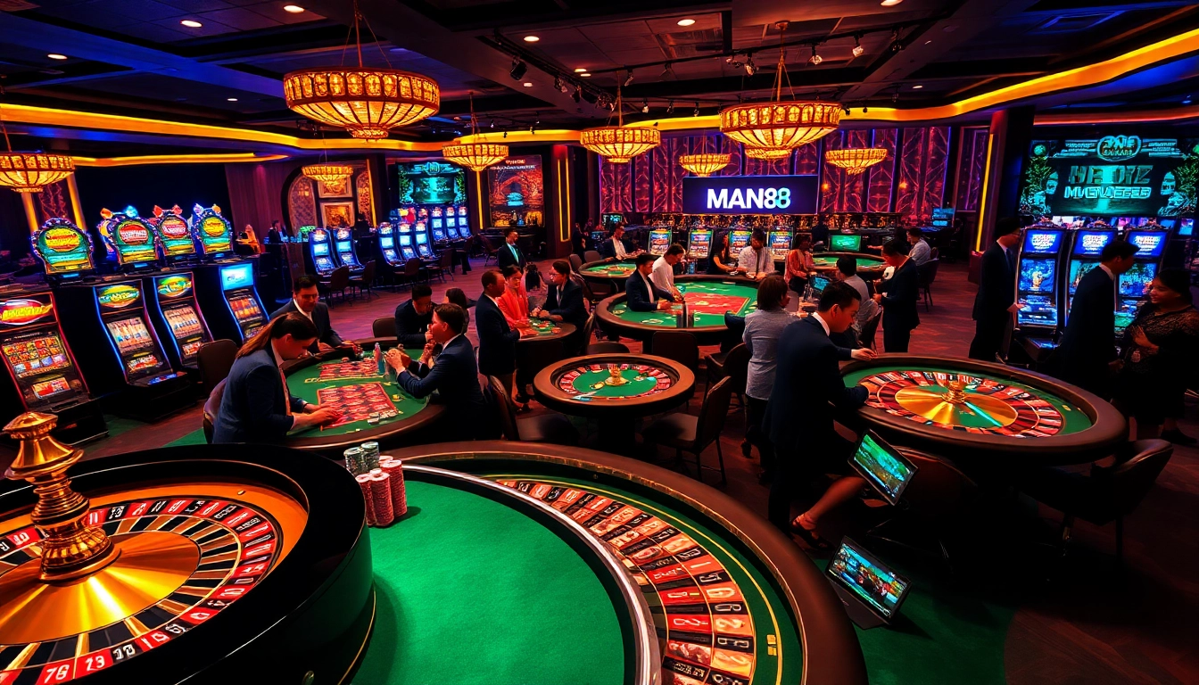 Exciting gameplay at nhà cái Man88 with players engaging on casino tables and vibrant slot machines.