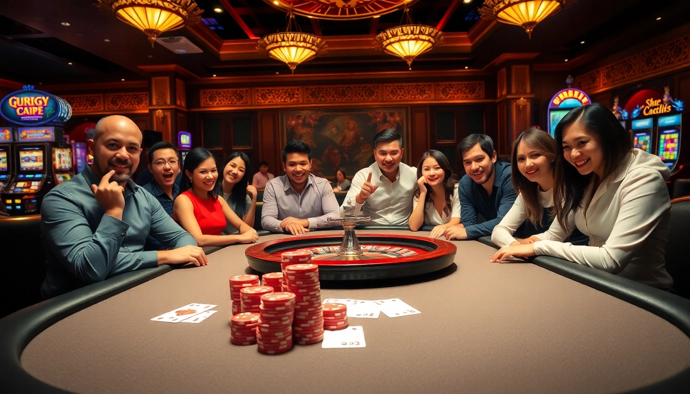 Exciting gamebaidoithuong players at a luxurious poker table in a casino setting.