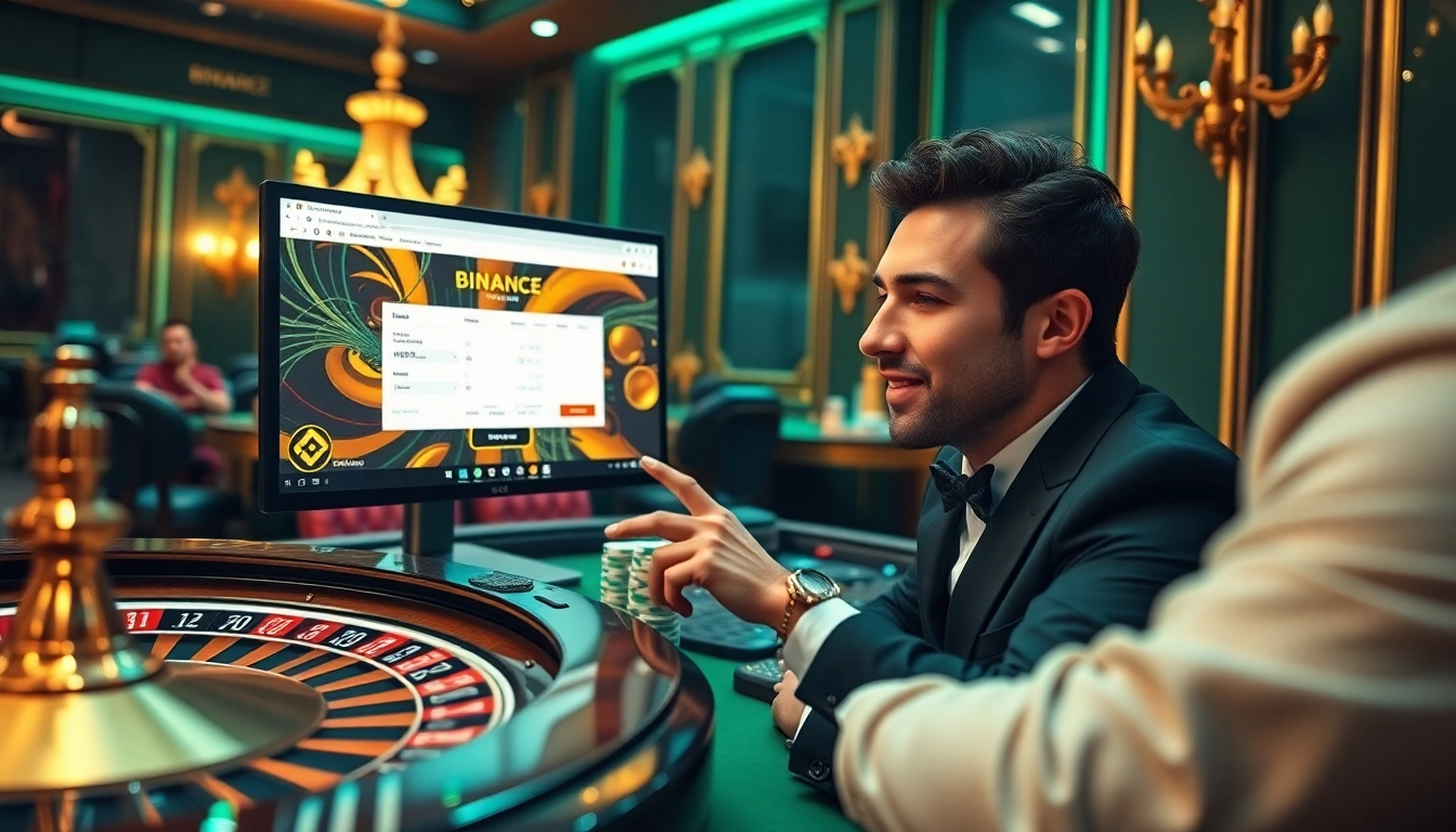 Register for 바이낸스 회원가입 with excitement at a luxurious casino setup featuring roulette and poker chips.