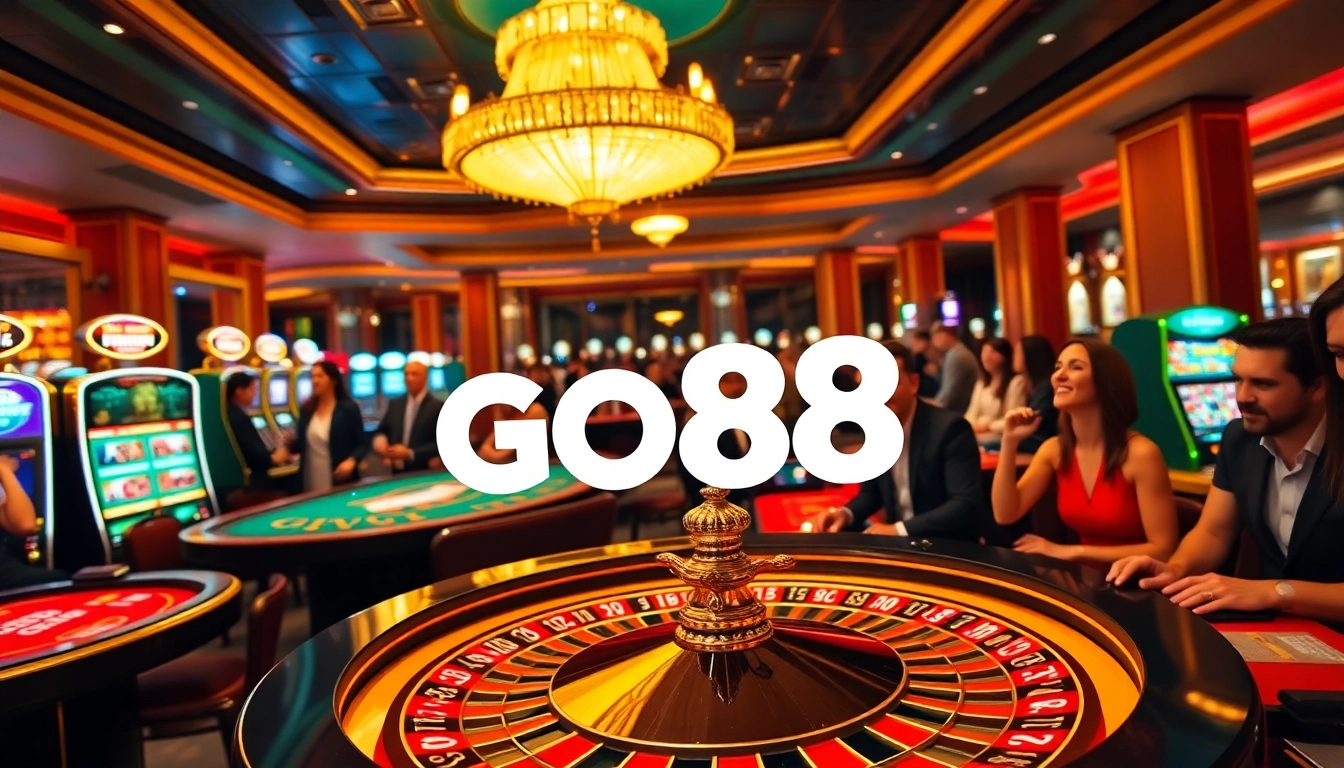 A lively casino scene showcasing players at GO88 tables and slot machines, capturing the thrill of gambling.