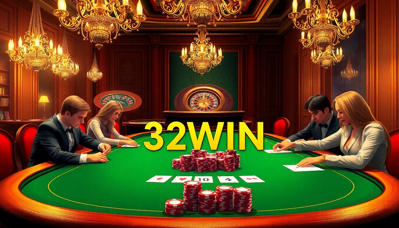 32WIN poker scene showcasing players and chips in an exciting casino atmosphere.