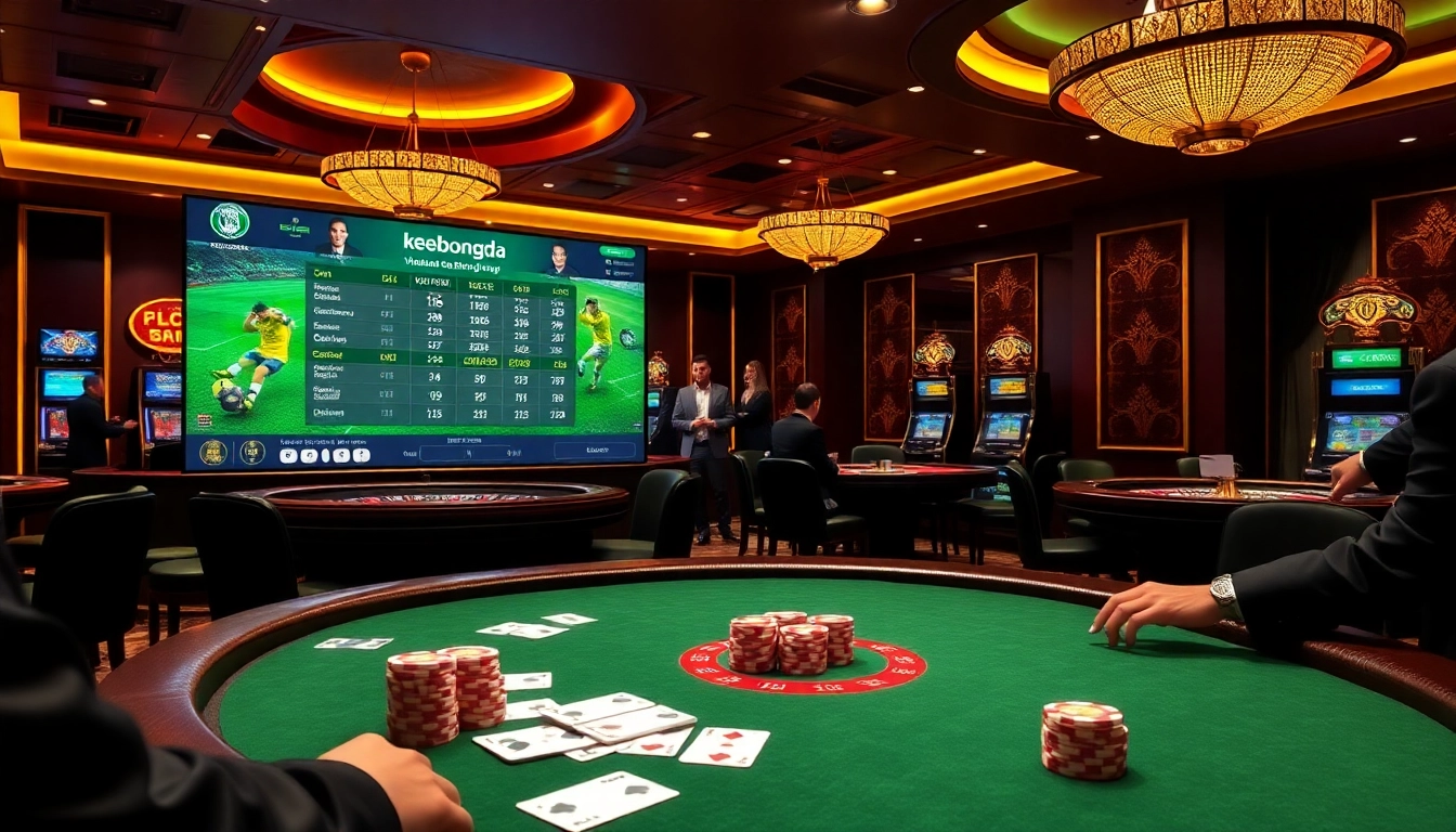Engaging keobongda betting action with poker chips and soccer odds displayed in a vibrant casino atmosphere.