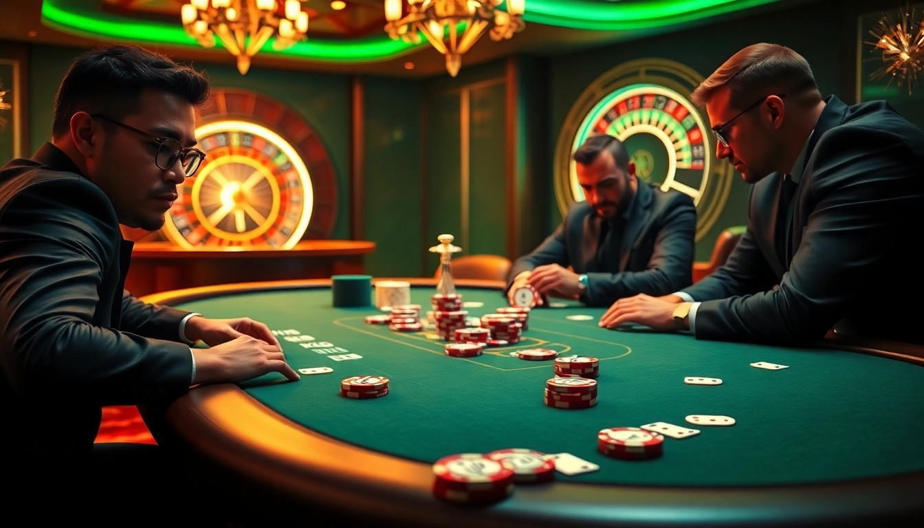 KJC branded poker chips and players at a high-stakes casino poker table.