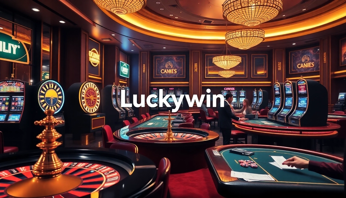 Experience the thrill of winning with Luckywin in a luxurious casino environment featuring roulette and slot machines.
