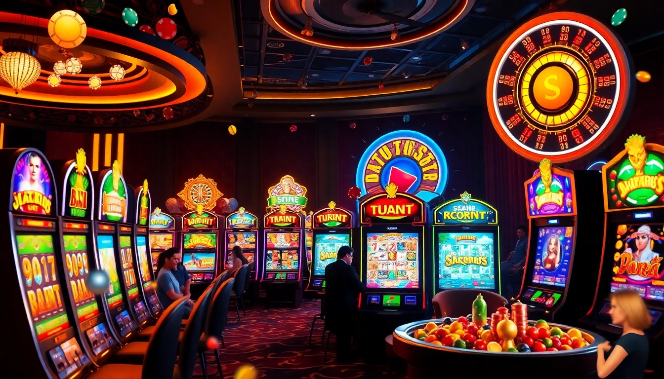 Engaging scene of players enjoying slot terpercaya machines in a vibrant casino atmosphere.