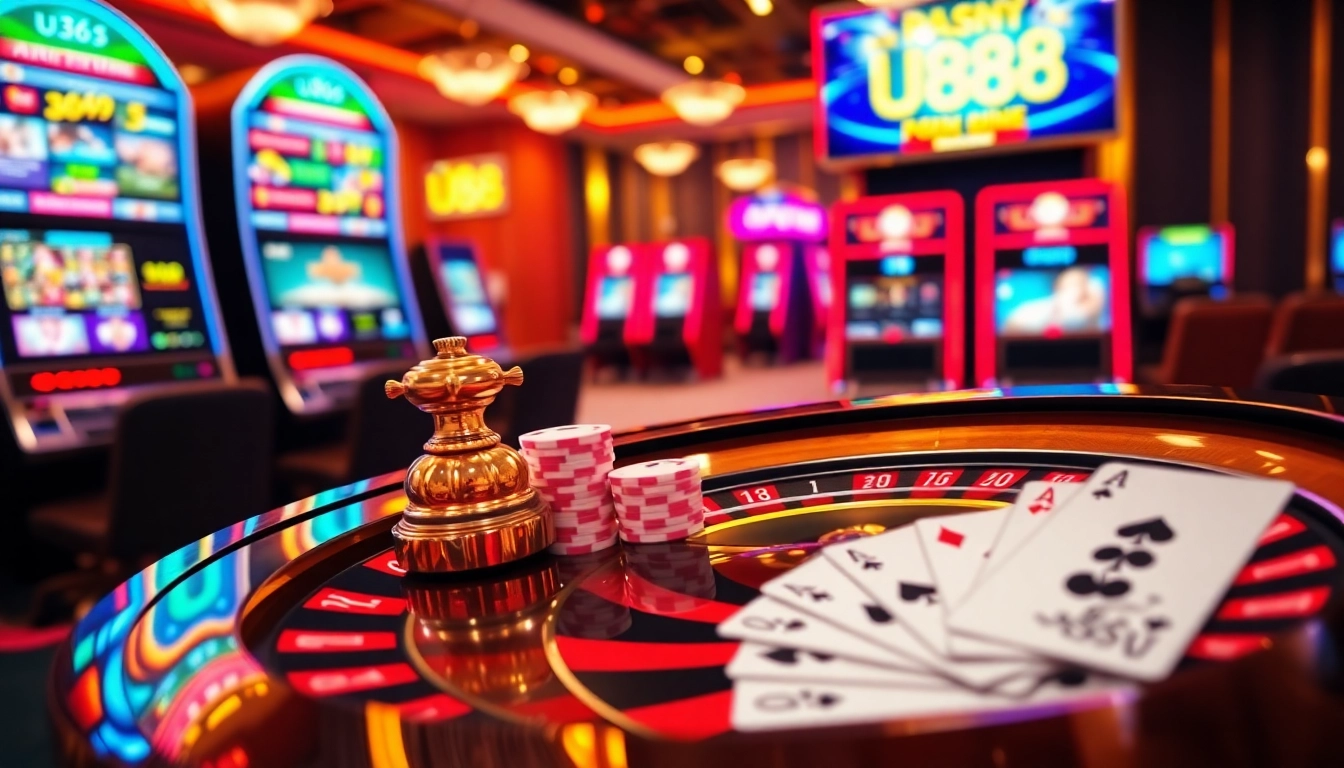 UU88 casino scene with roulette wheel and vibrant slot machines showcasing excitement and luxurious gameplay.