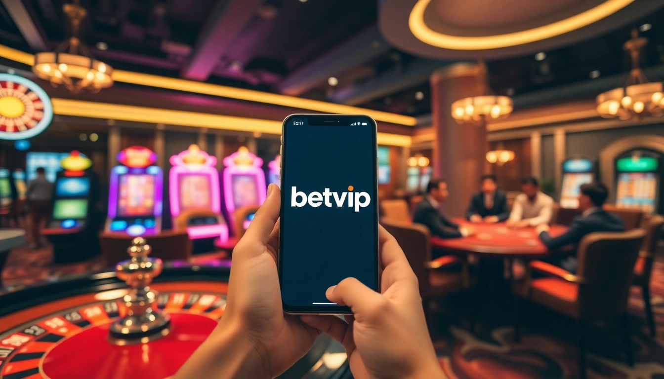 Trải nghiệm cảm giác hồi hộp khi cá cược với ứng dụng Betvip trong một casino sang trọng.