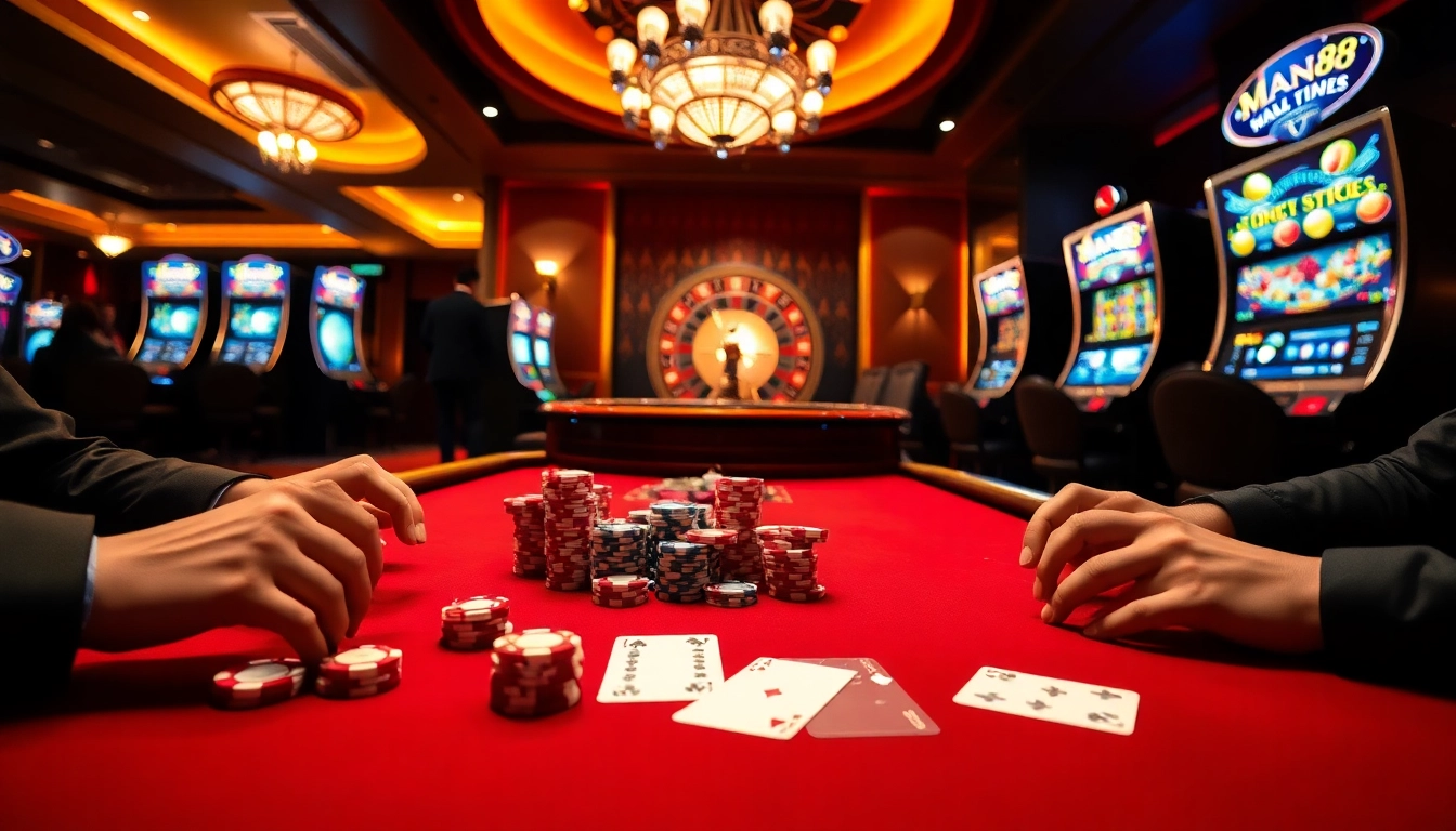 Experience exciting gameplay at nhà cái Man88, featuring elegantly arranged casino tables and vibrant slot machines.