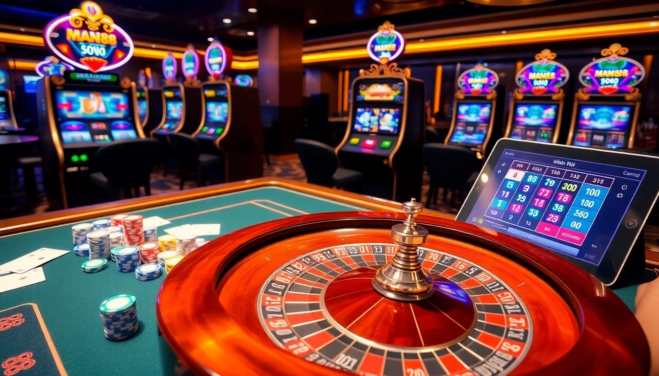 Engaging casino scene with Man88 branding, showcasing vibrant chips and roulette wheel for exciting gambling.