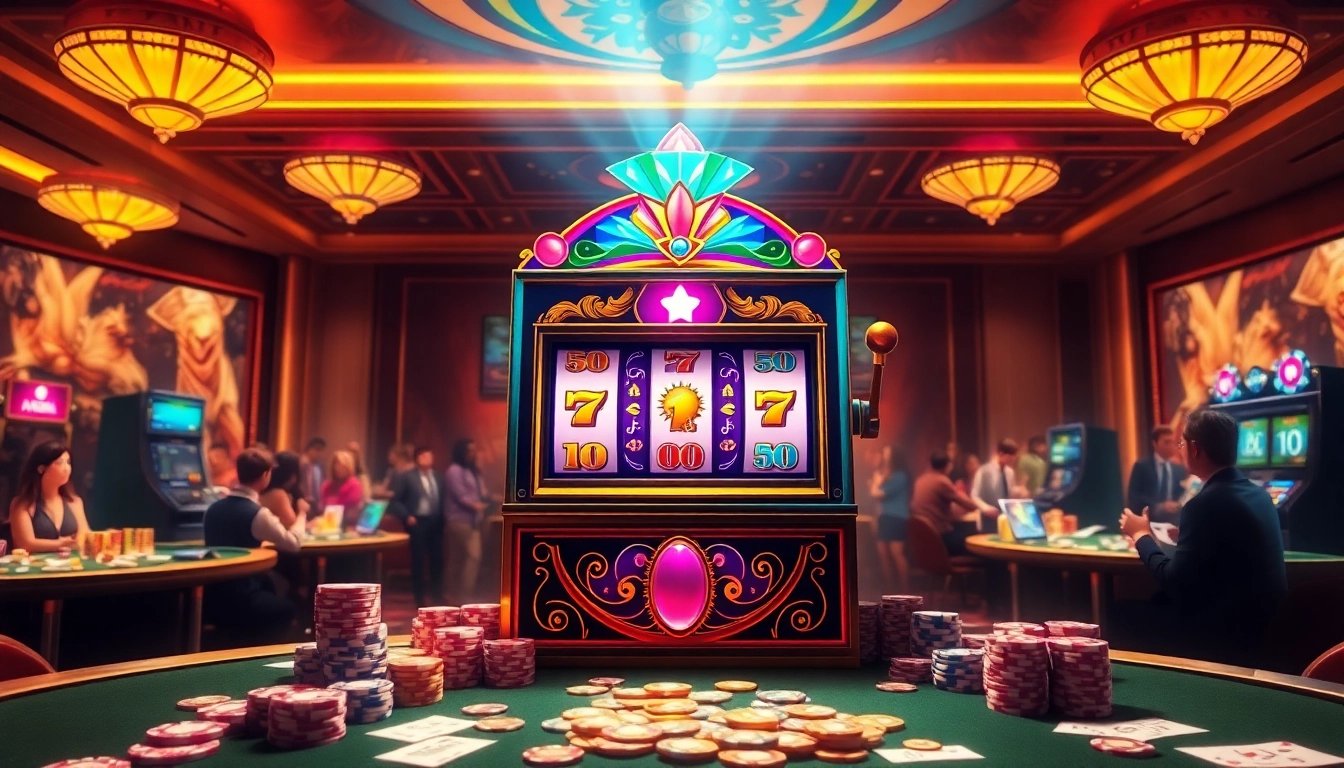 Engaging scene of players enjoying slot online apiraja88 at a vibrant casino with colorful slot machines.