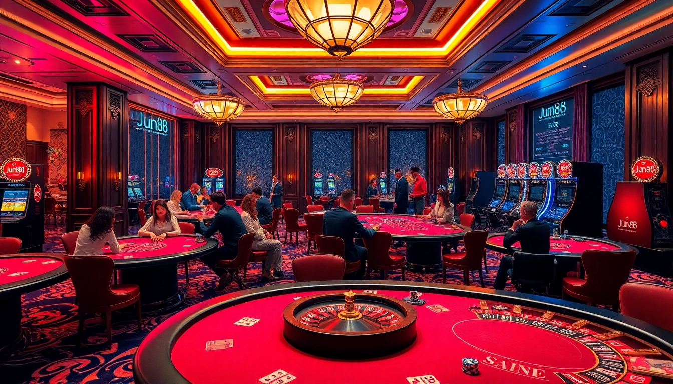 Experience thrilling casino games at Jun88 with vibrant tables and excited players.