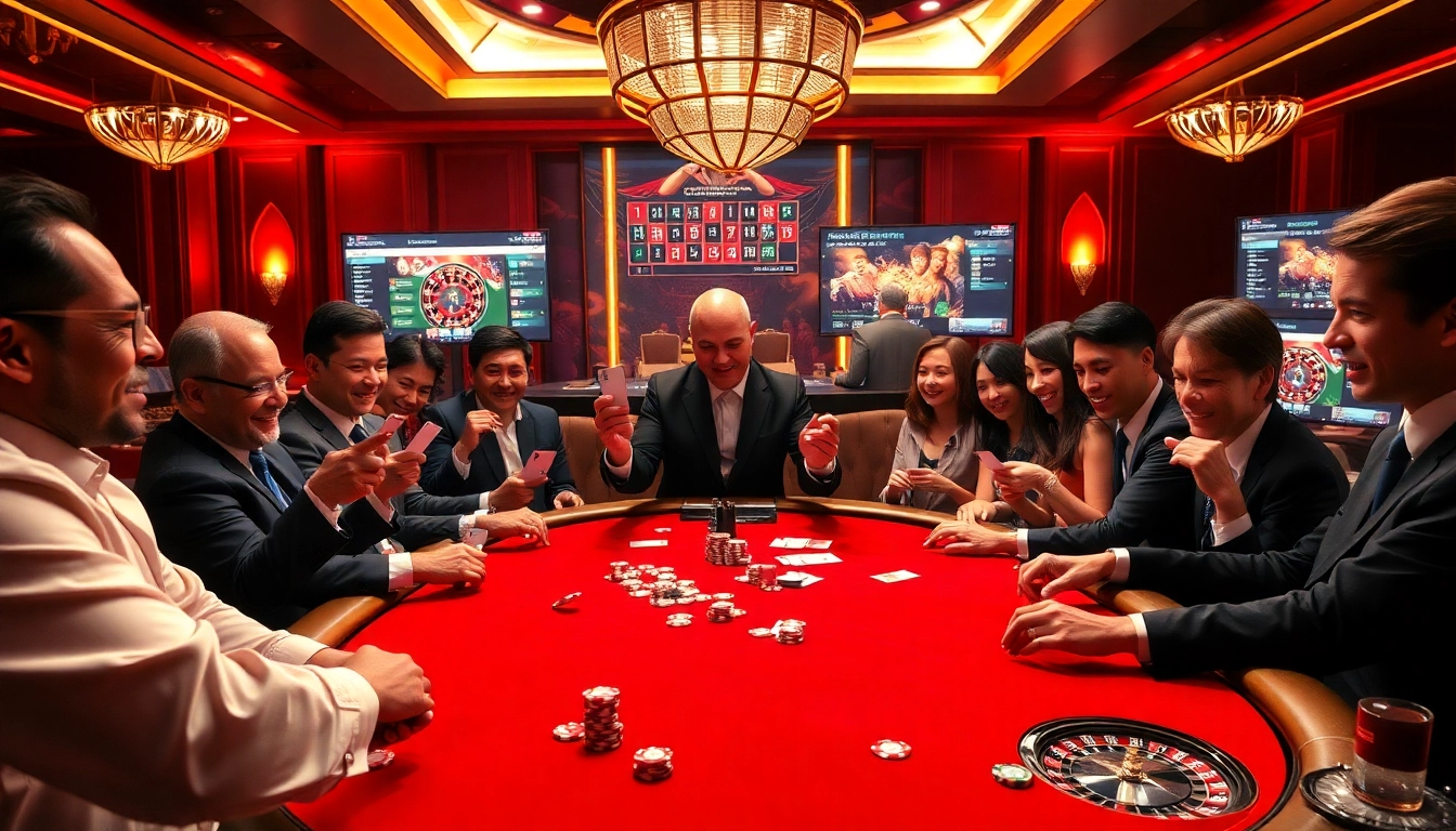 שחקנים חוגגים סביב שולחן פוקר בהתרגשות 7xl, מציגים צ’יפים וכרטיסים.