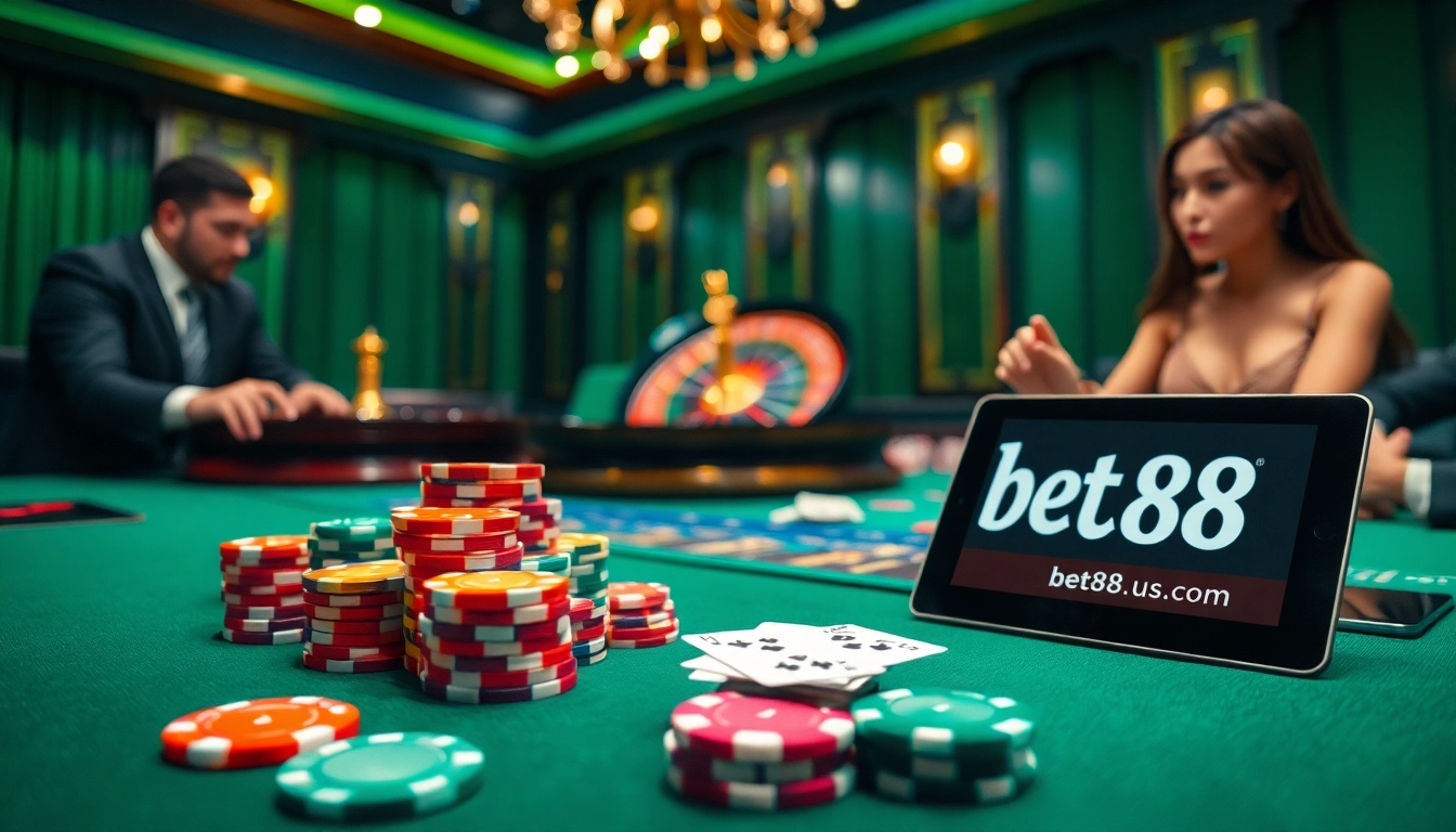 Engaging poker game scene at bet88b.us.com showcasing vibrant chips and exciting gameplay.