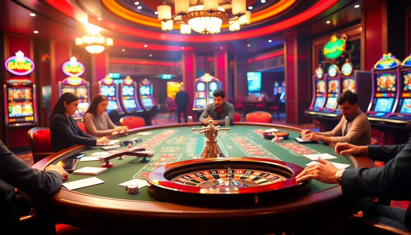 Players engaged in thrilling poker and roulette games at a luxurious casino, capturing the essence of go88 .com gambling experience.