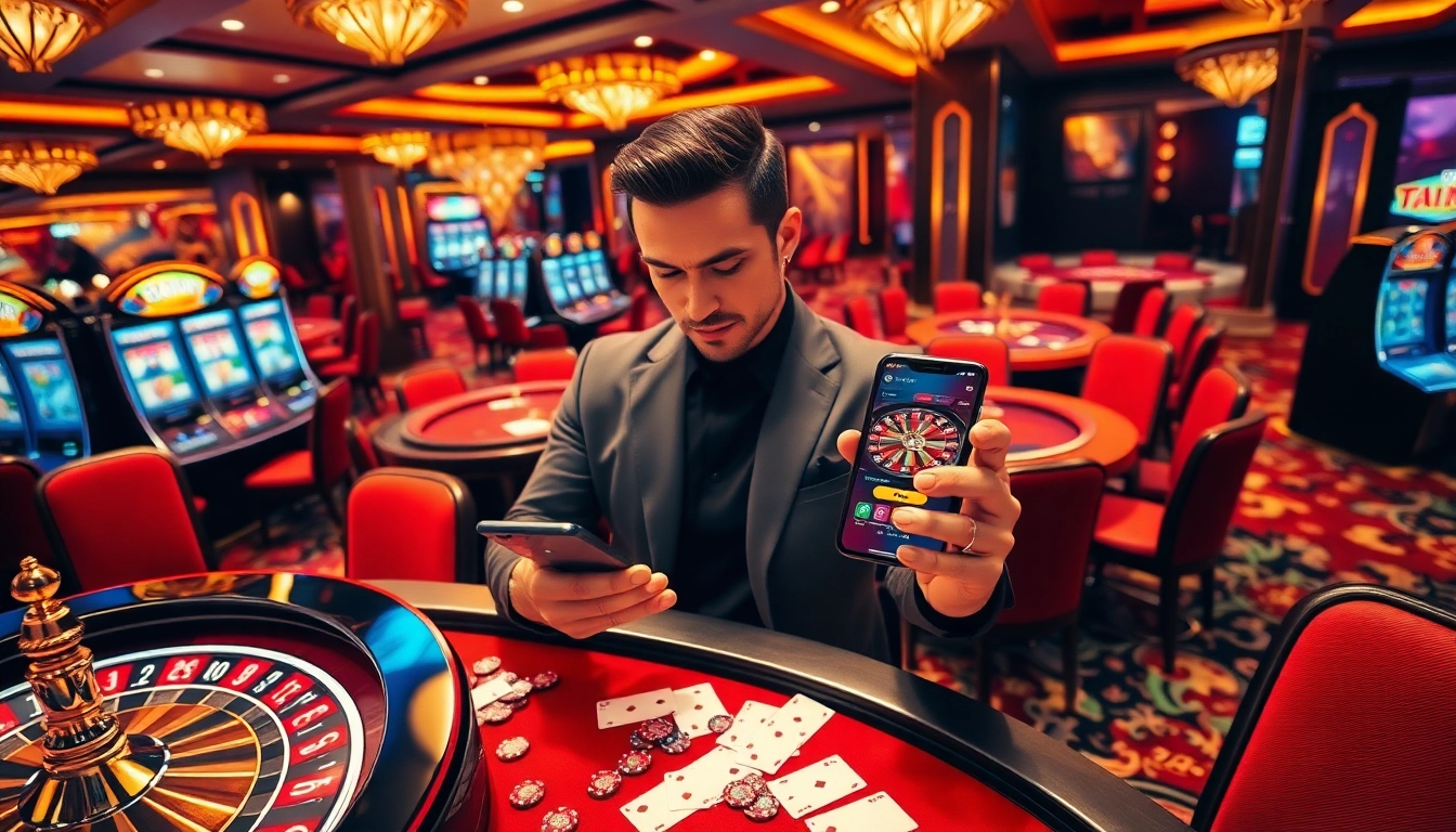Interact with the 24kclub app amidst an exciting casino environment filled with vibrant tables and games.