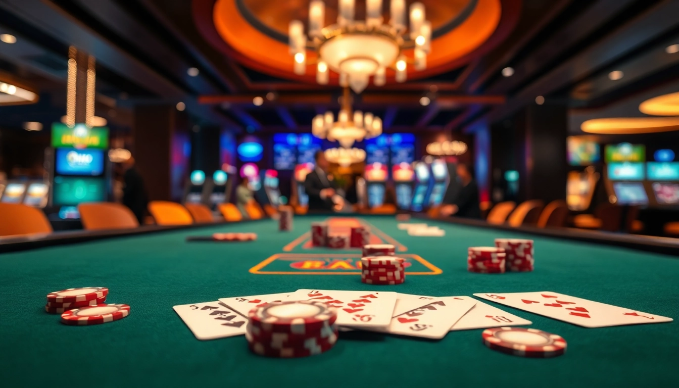 에볼루션 바카라 게임 테이블이 펼쳐진 생동감 있는 카지노 환경을 보여줍니다.