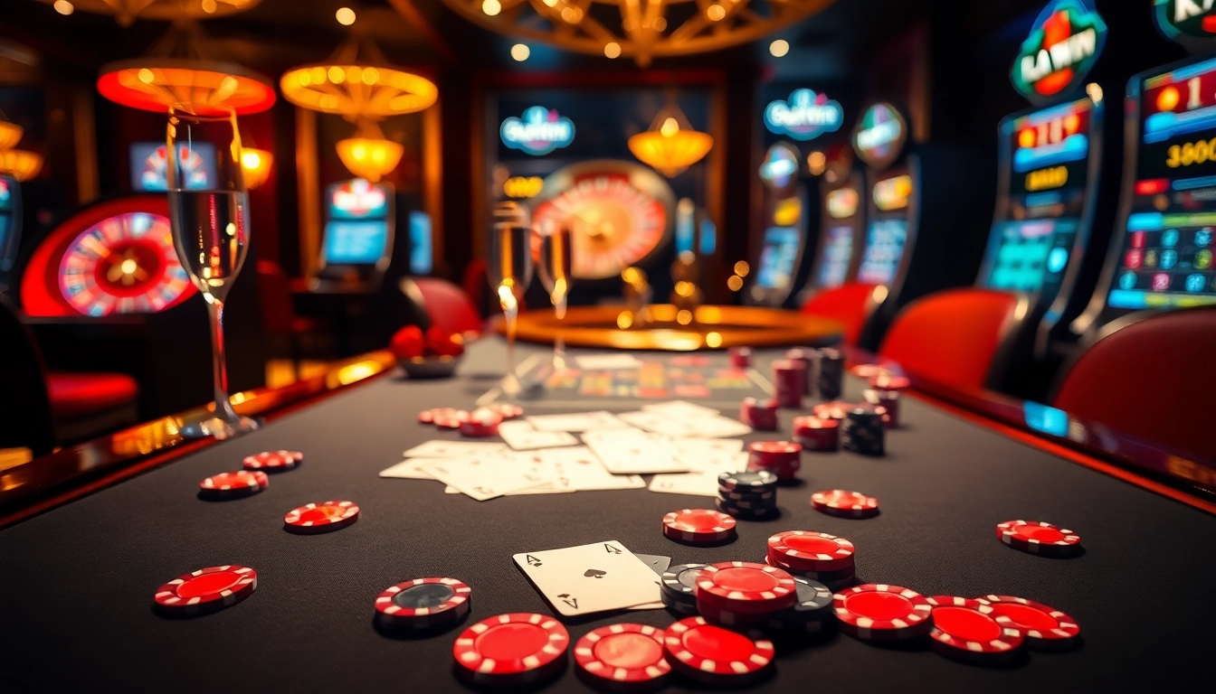 Exciting casino scene showcasing poker and roulette with kk win branding for thrilling gambling.