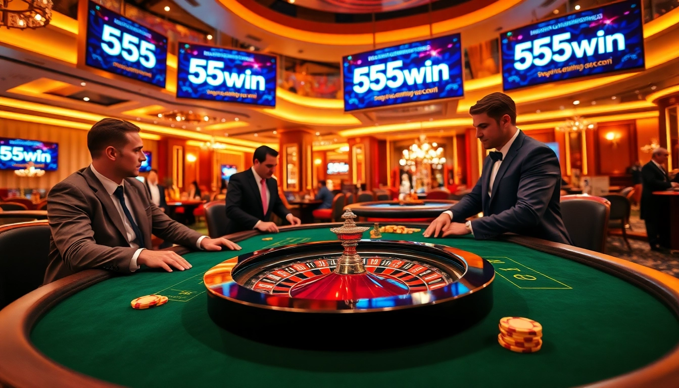 Gamblers enjoying a thrilling game at the 555win casino table with vibrant chips and roulette.