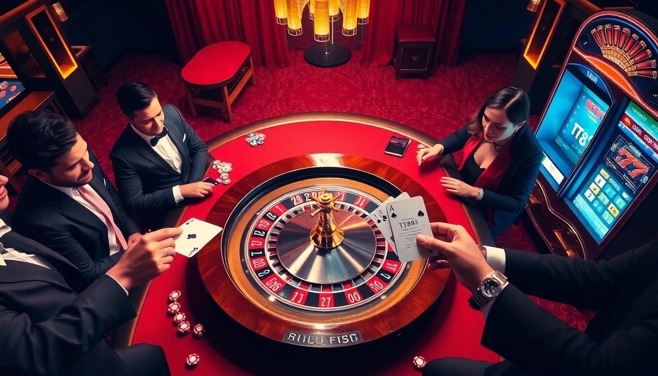 Players place bets on TK88 at a vibrant roulette table in a luxurious casino.