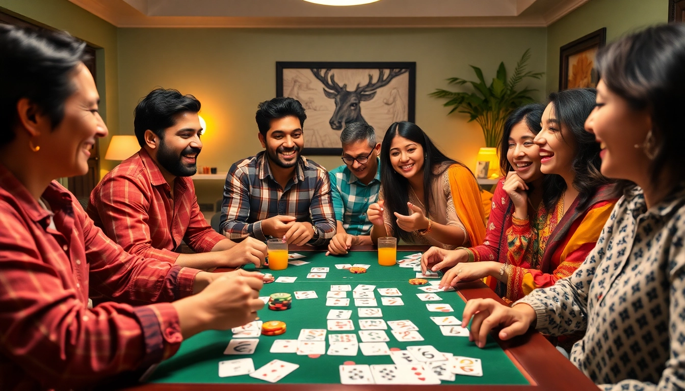 Friends enjoying a lively game of Rummy 91 in a cozy setting, showcasing fun and strategy.
