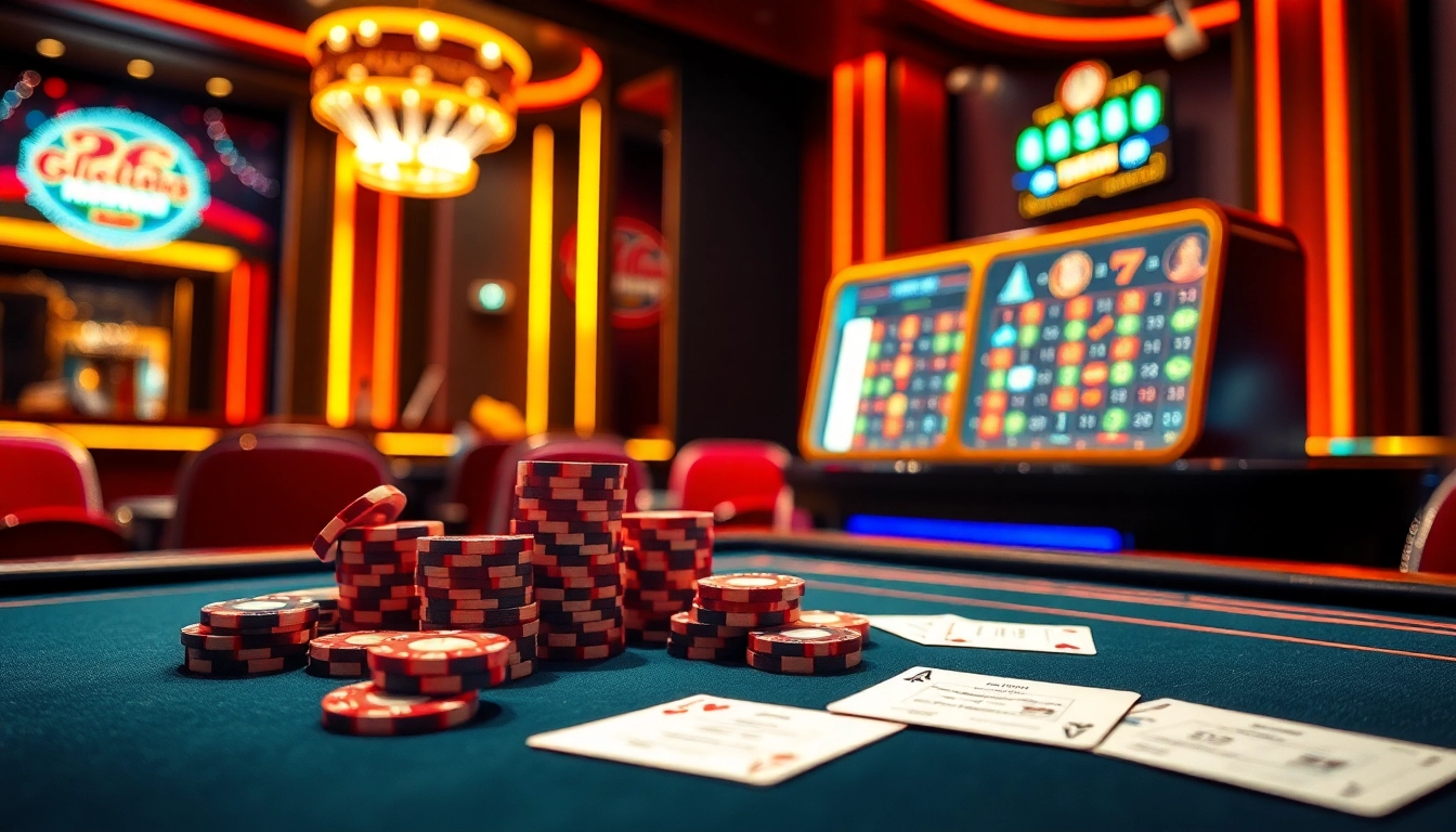 Experience the excitement of dr88 at a modern casino with a polished poker table and vibrant slot machines.