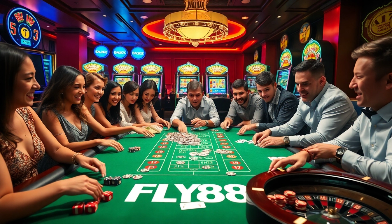 Engaging in thrilling gameplay at the FLY88 casino table featuring vibrant chips and cards.