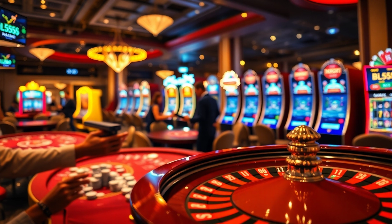 Players enjoying thrilling games at Bl555 casino with vibrant casino tables and colorful slot machines.
