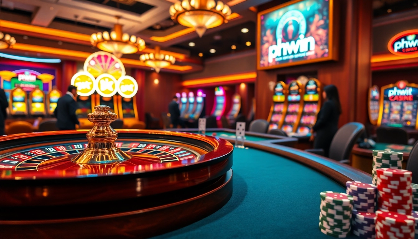 Engaging in thrilling games at phwin casino with luxurious ambiance and active roulette wheel.
