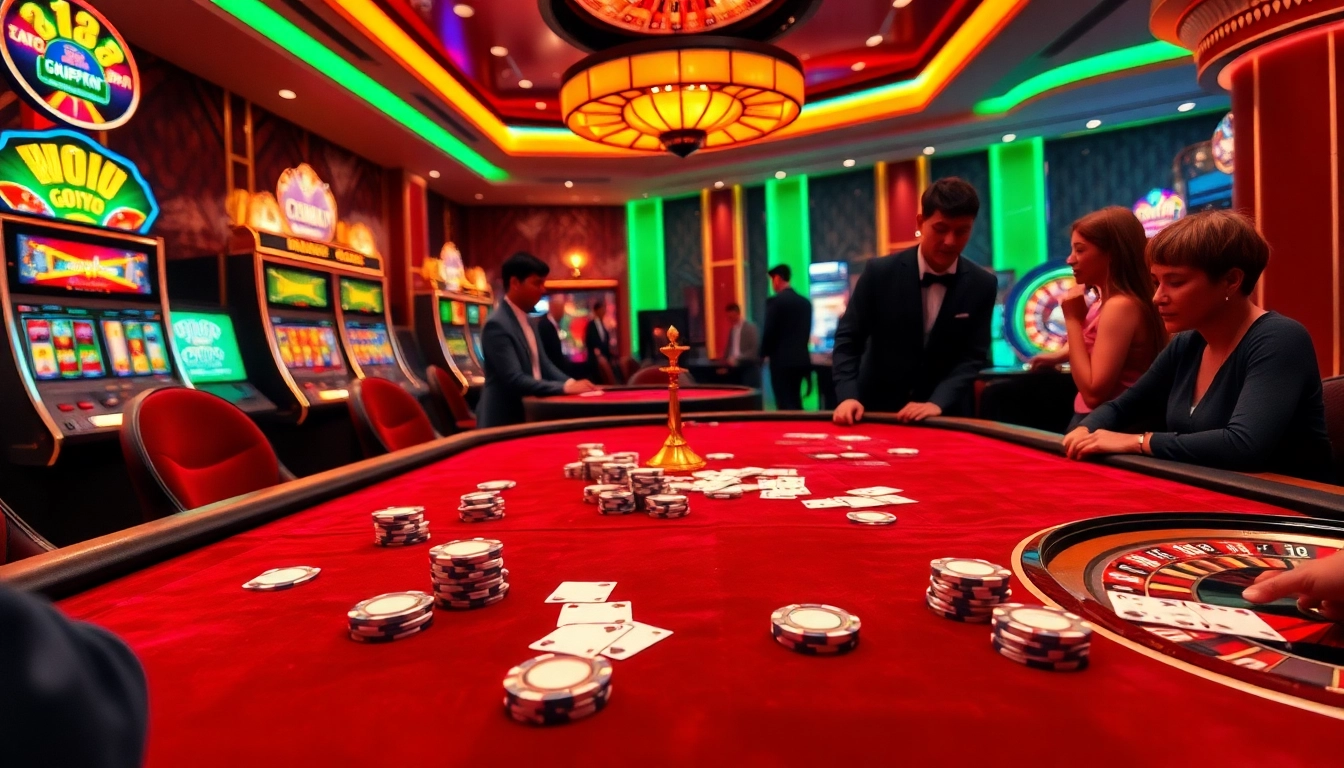 Bancadoithuong - Engaging casino scene with poker table, vibrant slot machines, and exciting gameplay.