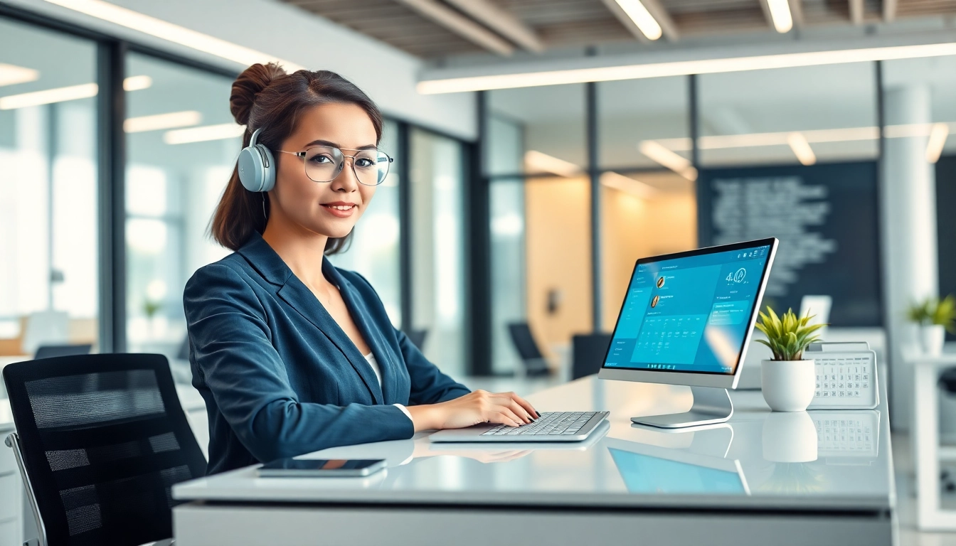 AI Receptionist managing a call with advanced technology in a professional office.