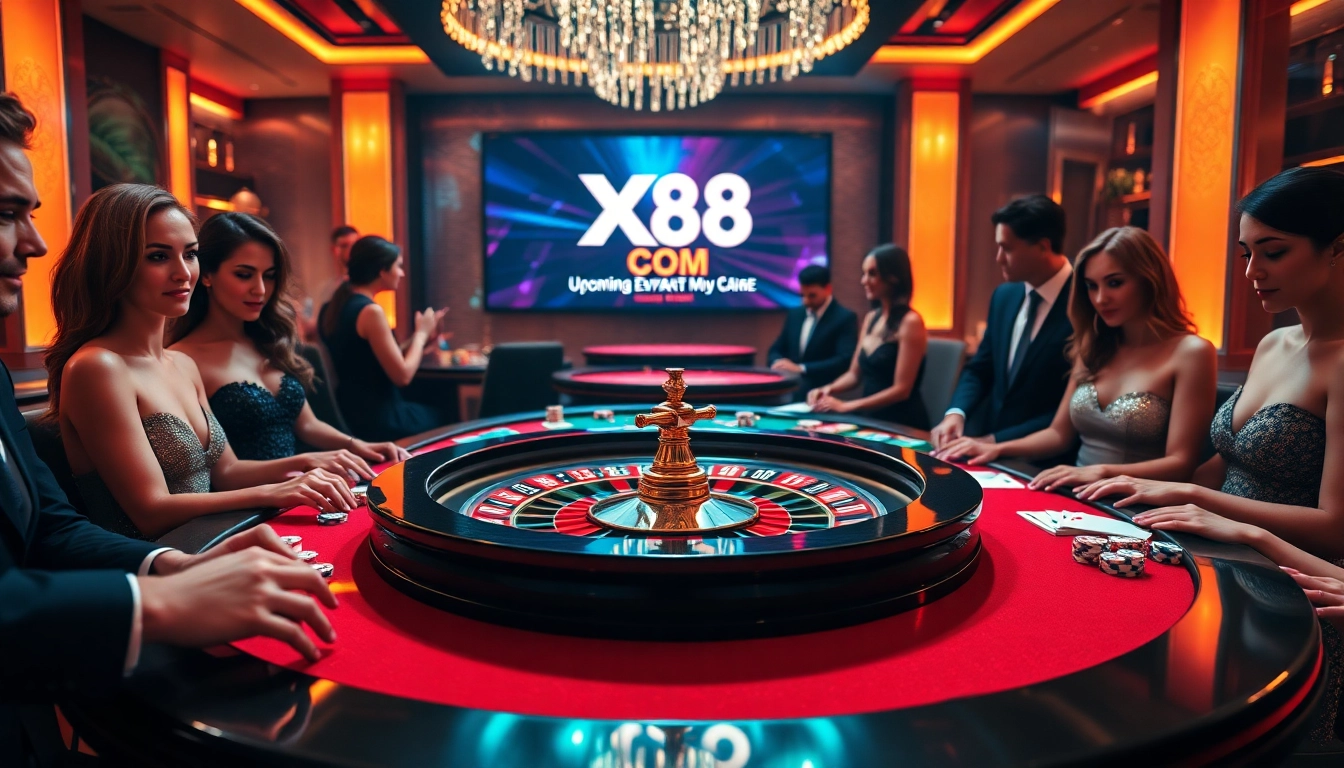 Experience the excitement of gambling at XX88 COM with an elegant casino scene featuring roulette and poker action.