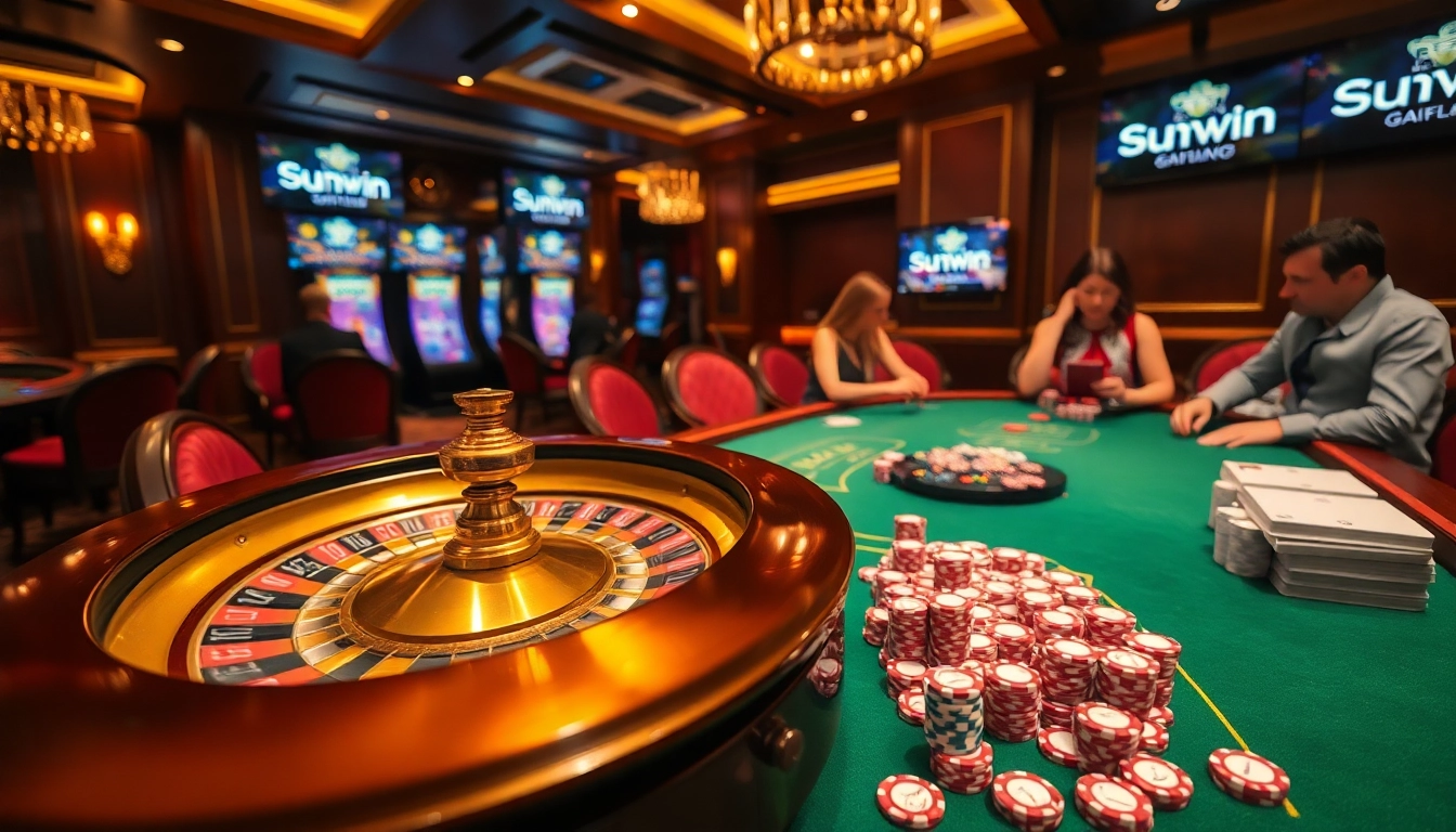 Experience luxury gaming at Sunwin with poker chips and a roulette wheel in a vibrant casino atmosphere.