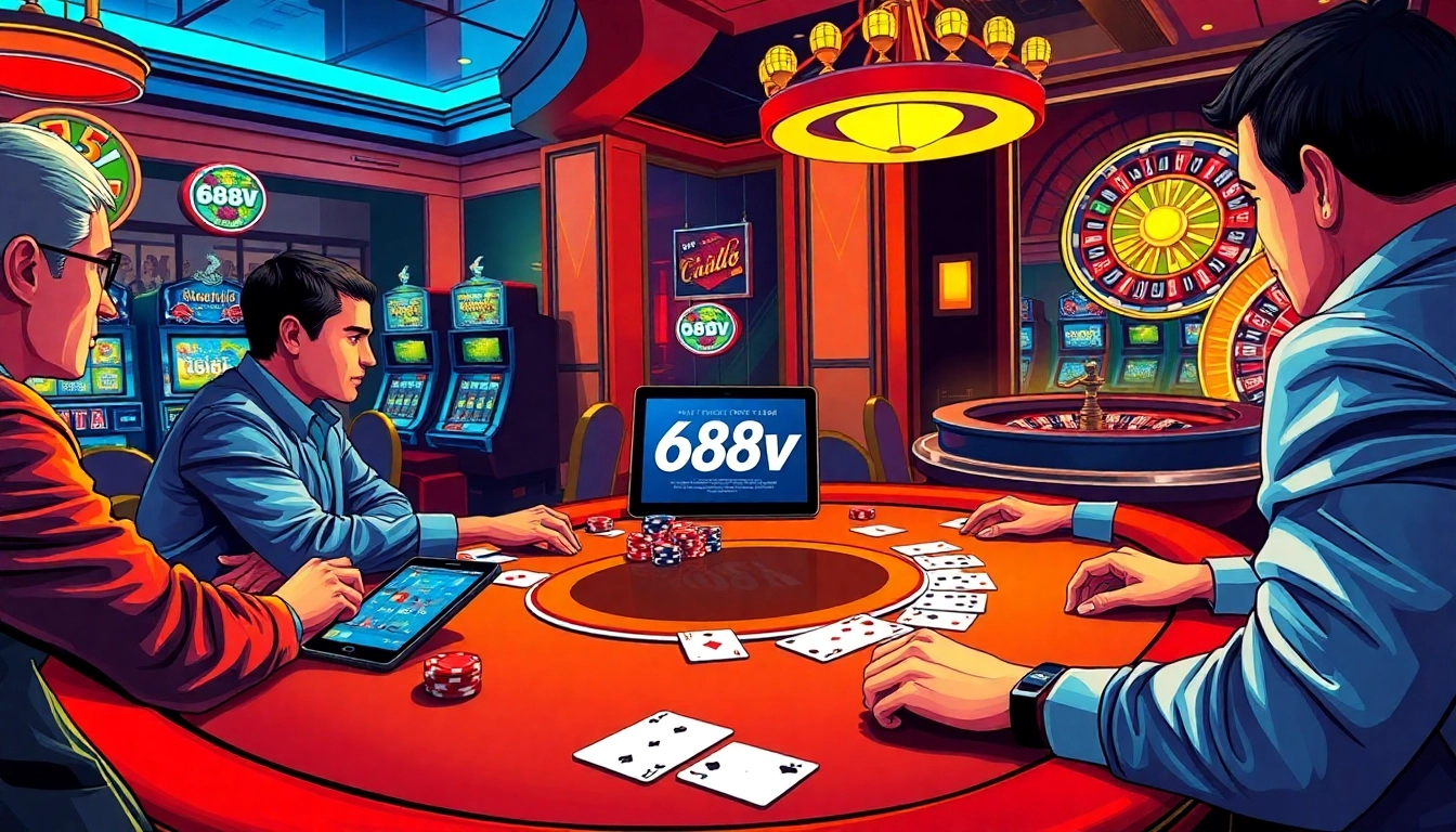 Excited players enjoy a high-stakes poker game at a luxurious casino table with 688v gaming elements.