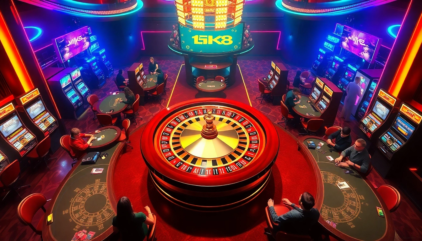 A colorful casino scene with a roulette wheel and MK 8 elements showcasing vibrant gambling action.
