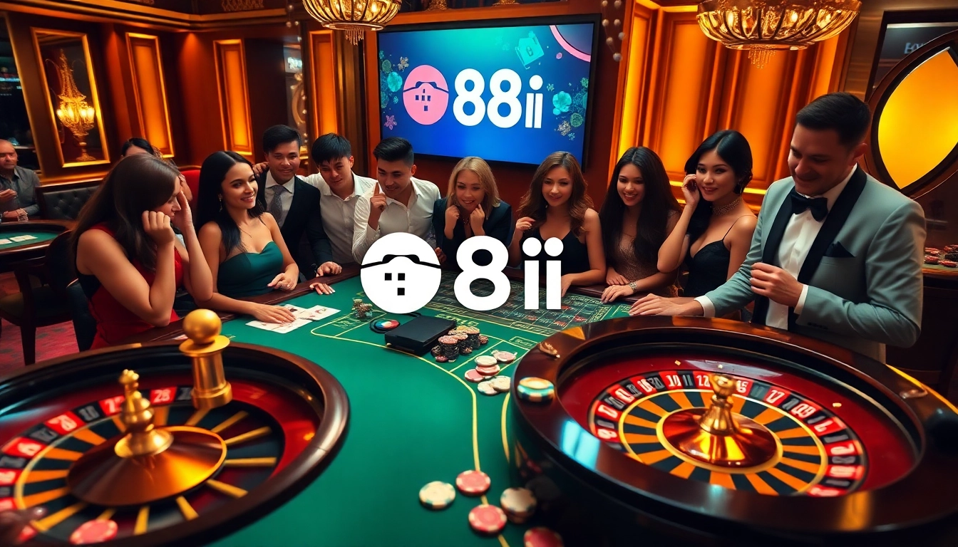 Engaged gamblers enjoying a thrilling game at 88i's upscale casino table, showcasing poker chips and cards.