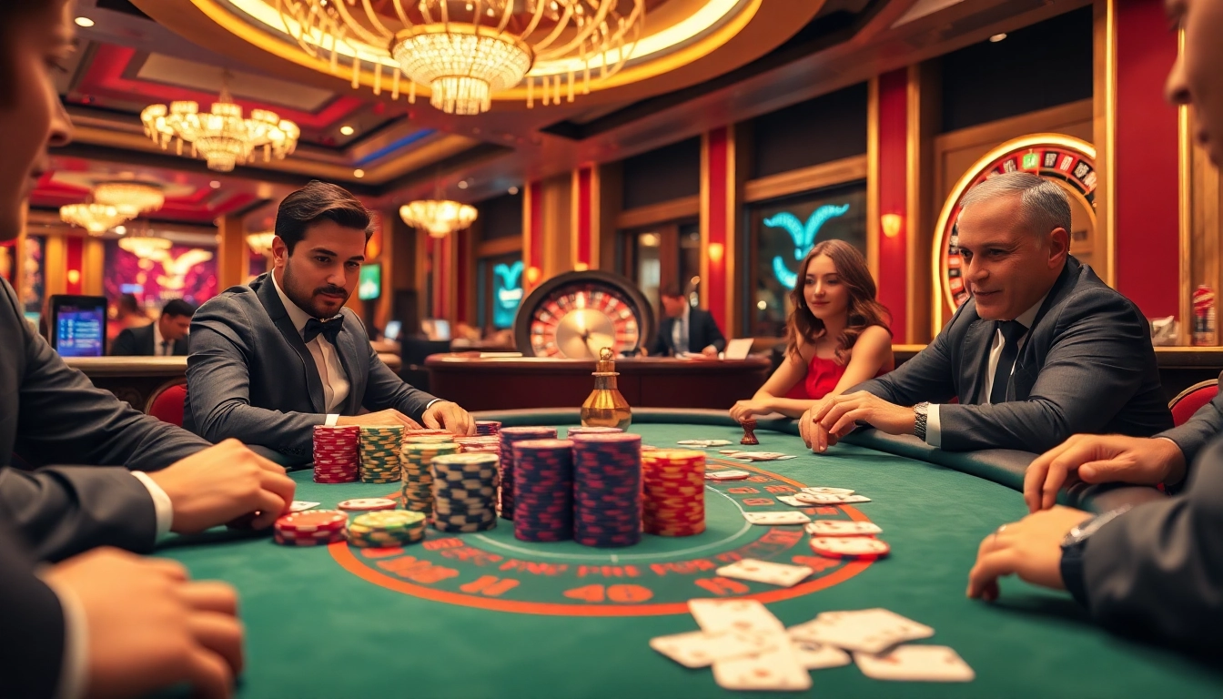 Engaging scene of players at the poker table, highlighting the thrill of go88club page gaming with vibrant chips and cards.