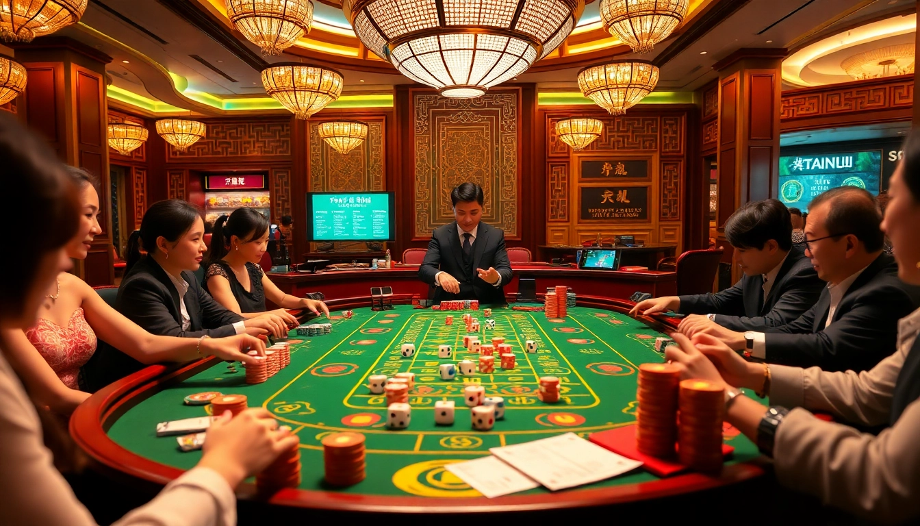 Tai Xiu game table with players placing bets, showcasing dice and vibrant casino atmosphere.